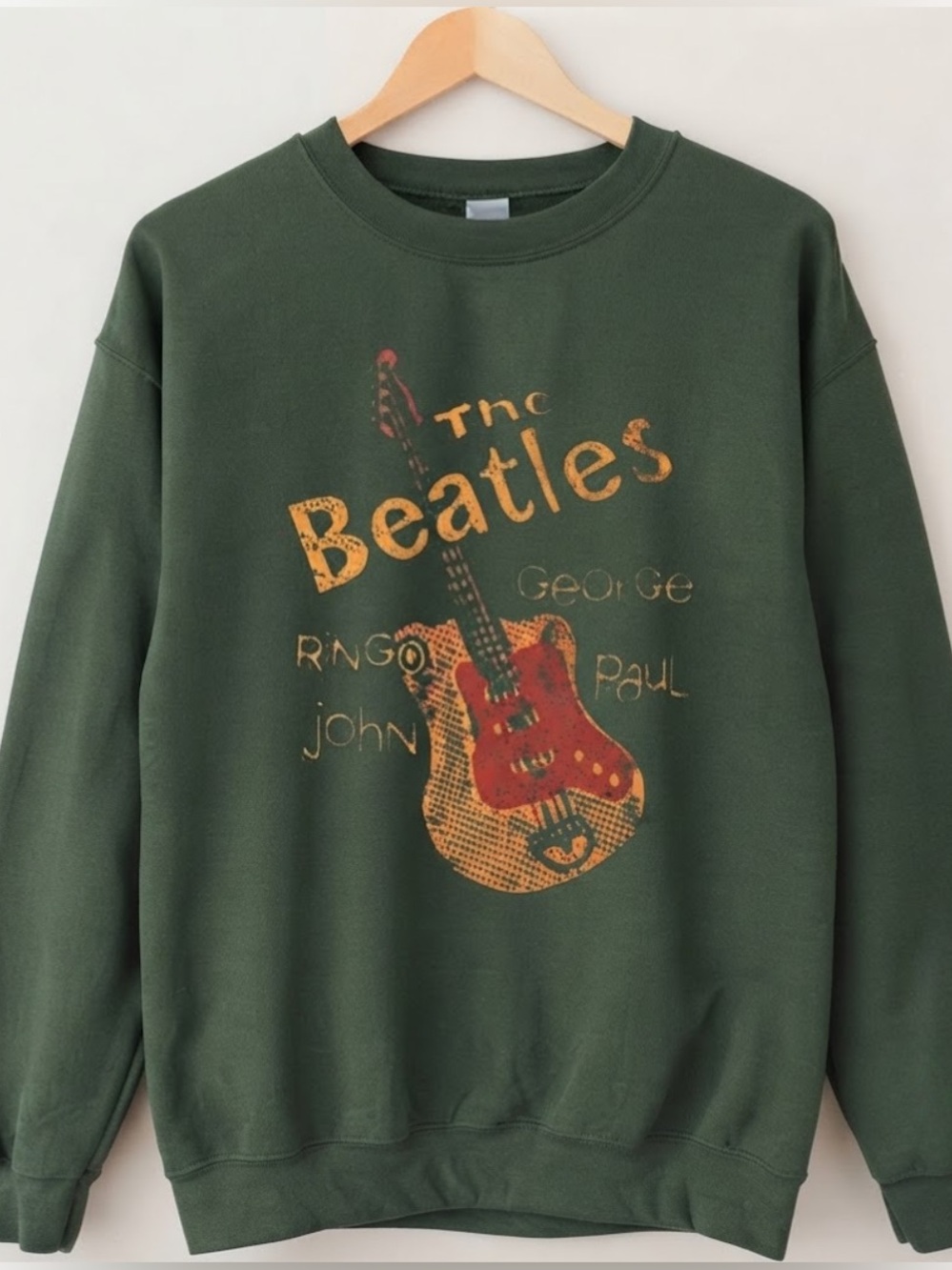 Gildan Forest Green The Beatles Guitar Graphic Sweatshirt